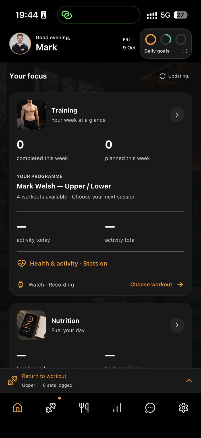 MW Fitness October Home screen with training, daily goals and nutrition