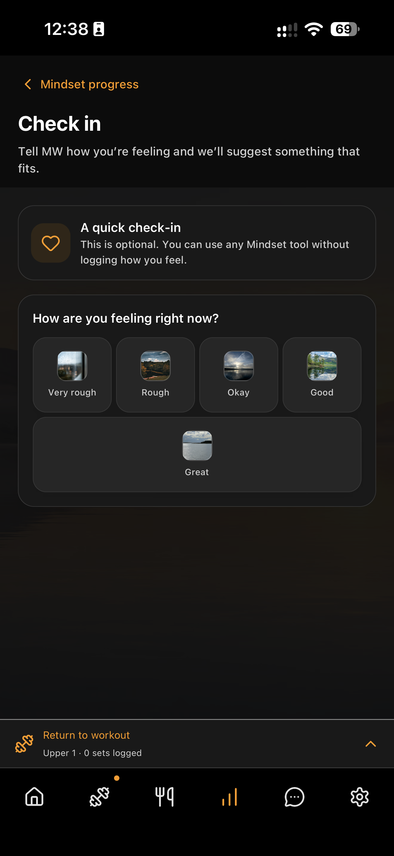 MW Fitness October optional Mindset check-in screen with no response selected