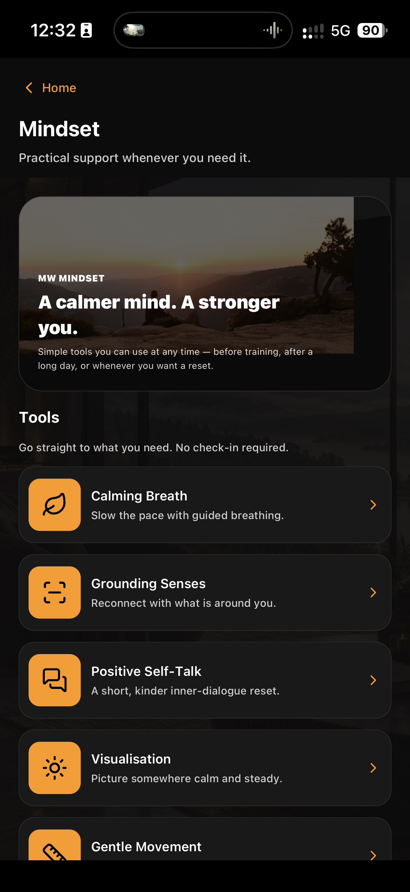 MW Fitness October Mindset screen with breathing and grounding tools