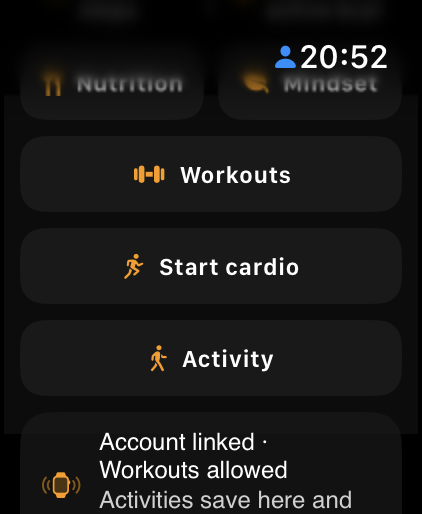 MW Fitness October Watch screen showing Workouts, Start cardio and Activity