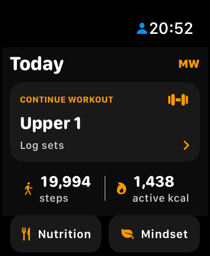 MW Fitness October Apple Watch Today screen with a workout shortcut, Nutrition and Mindset