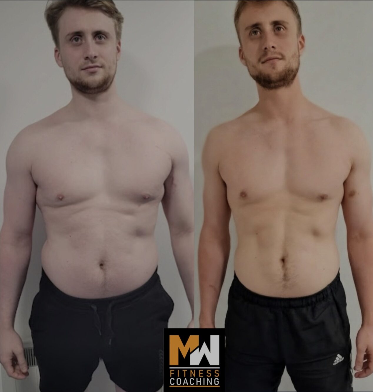 Before-and-after client progress photo, front view
