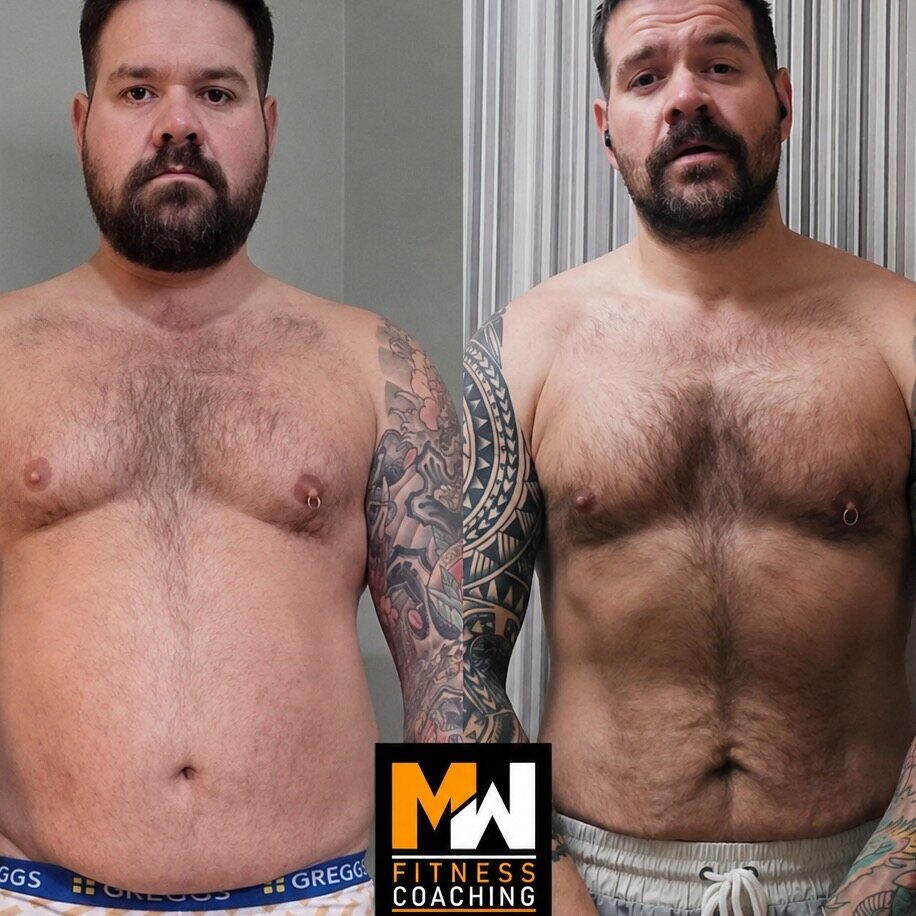 Before-and-after client progress photo, front view