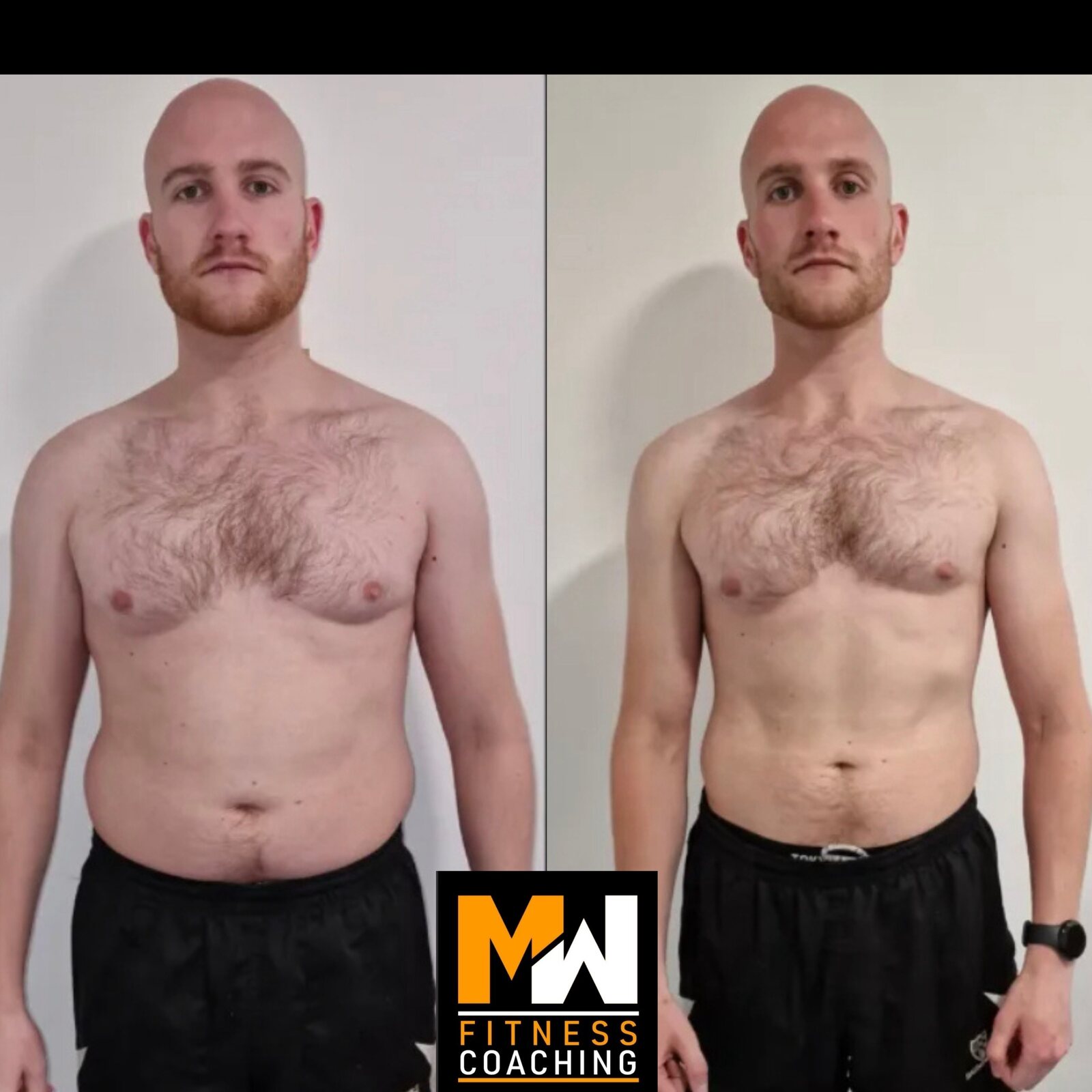 Before-and-after client progress photo with weight and measurement details