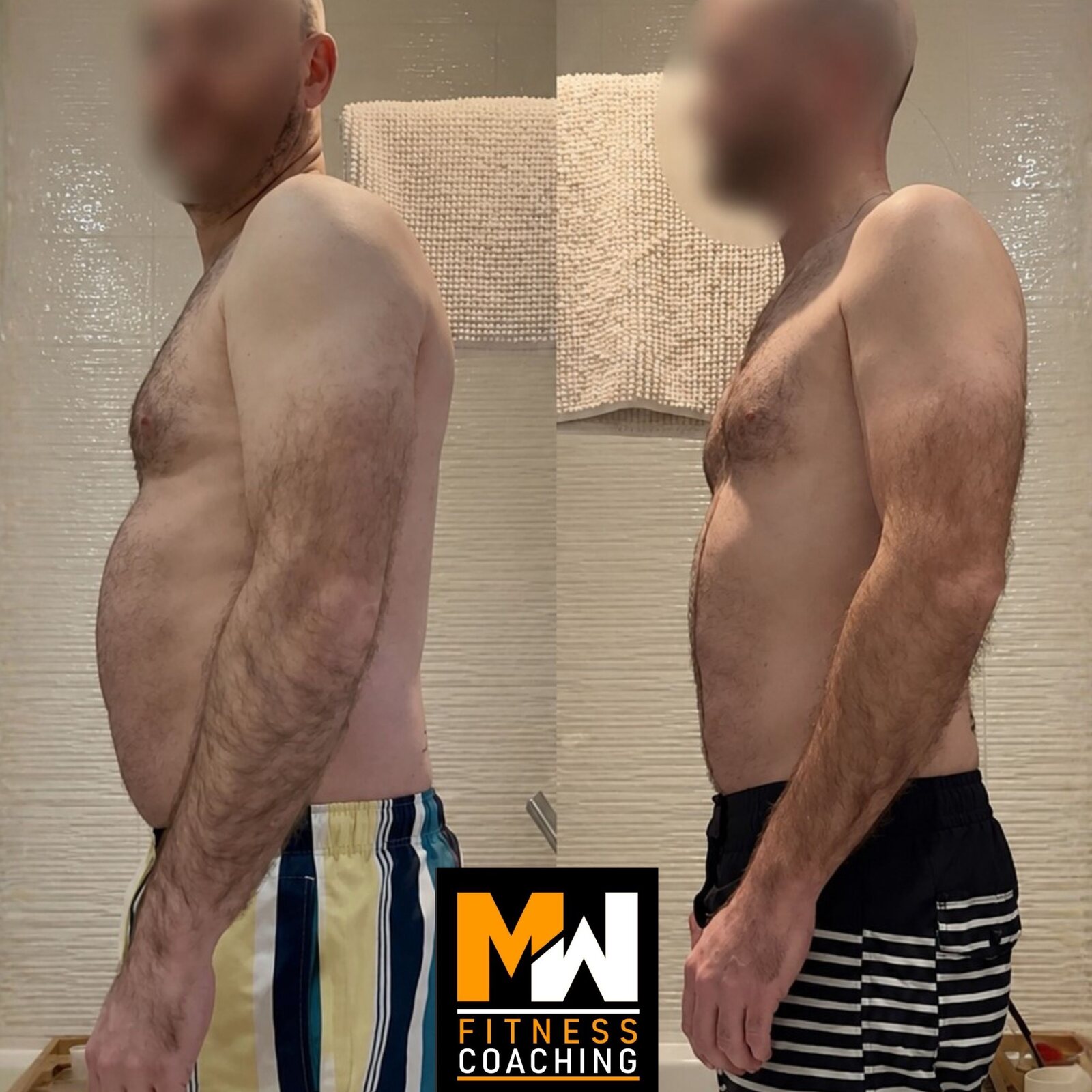 Before-and-after client progress photo, side view