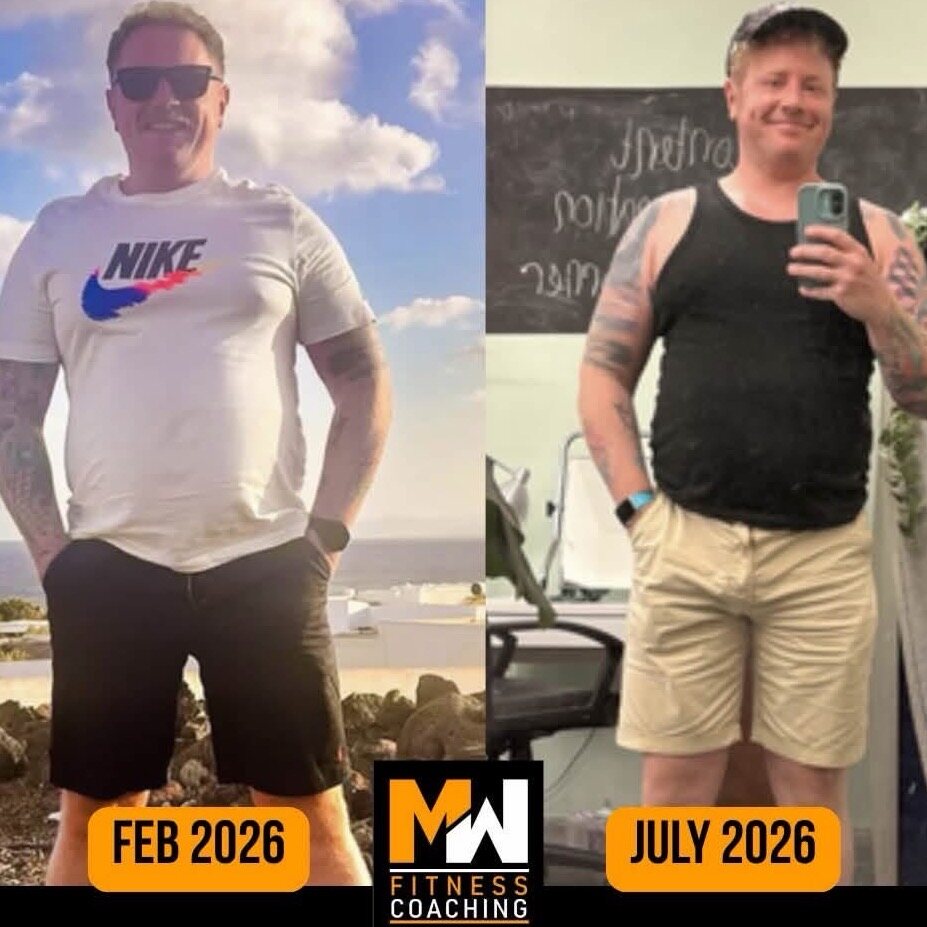 Client progress photo comparing February and July check-ins