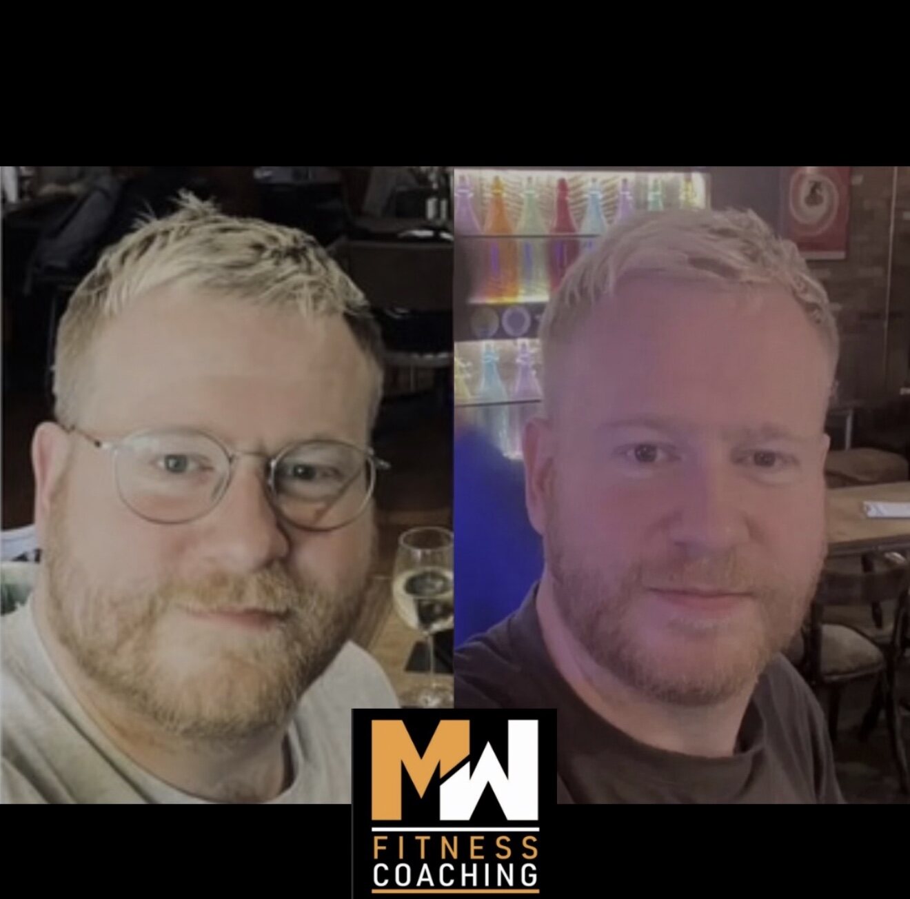 Before-and-after client progress photo, face comparison