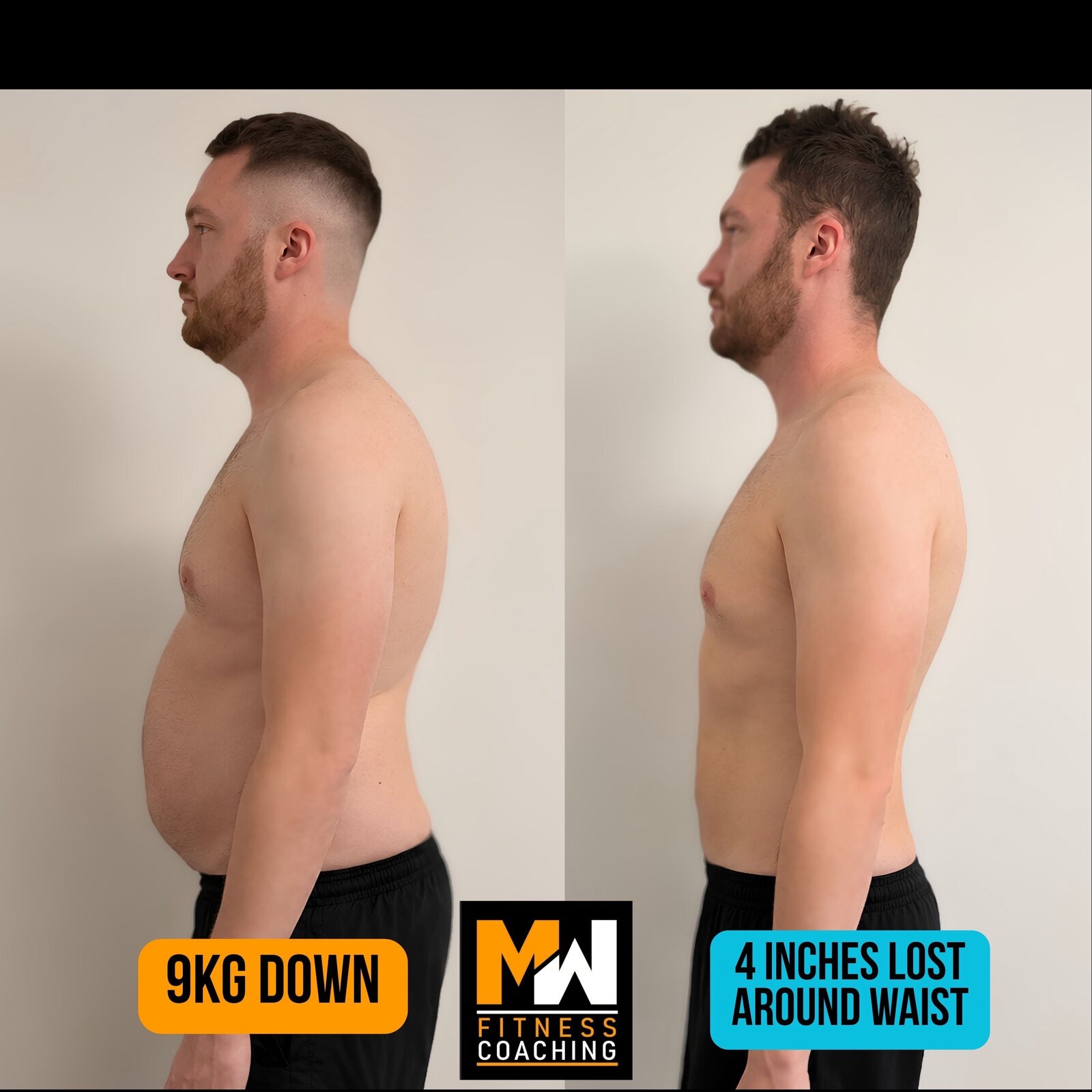 Client progress photo showing 9kg lost and a four-inch reduction around the waist