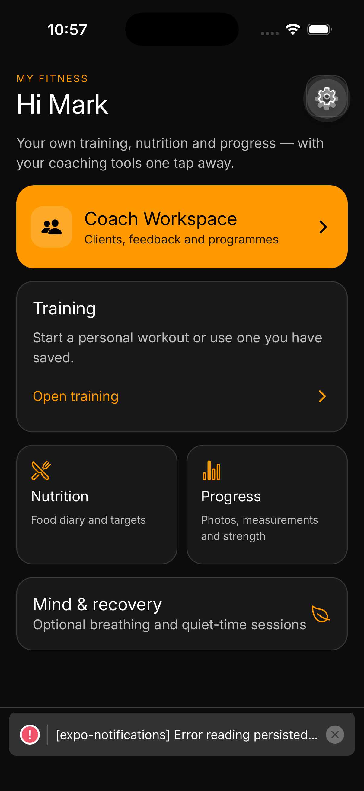 MW Fitness client app on Mark Welsh's account